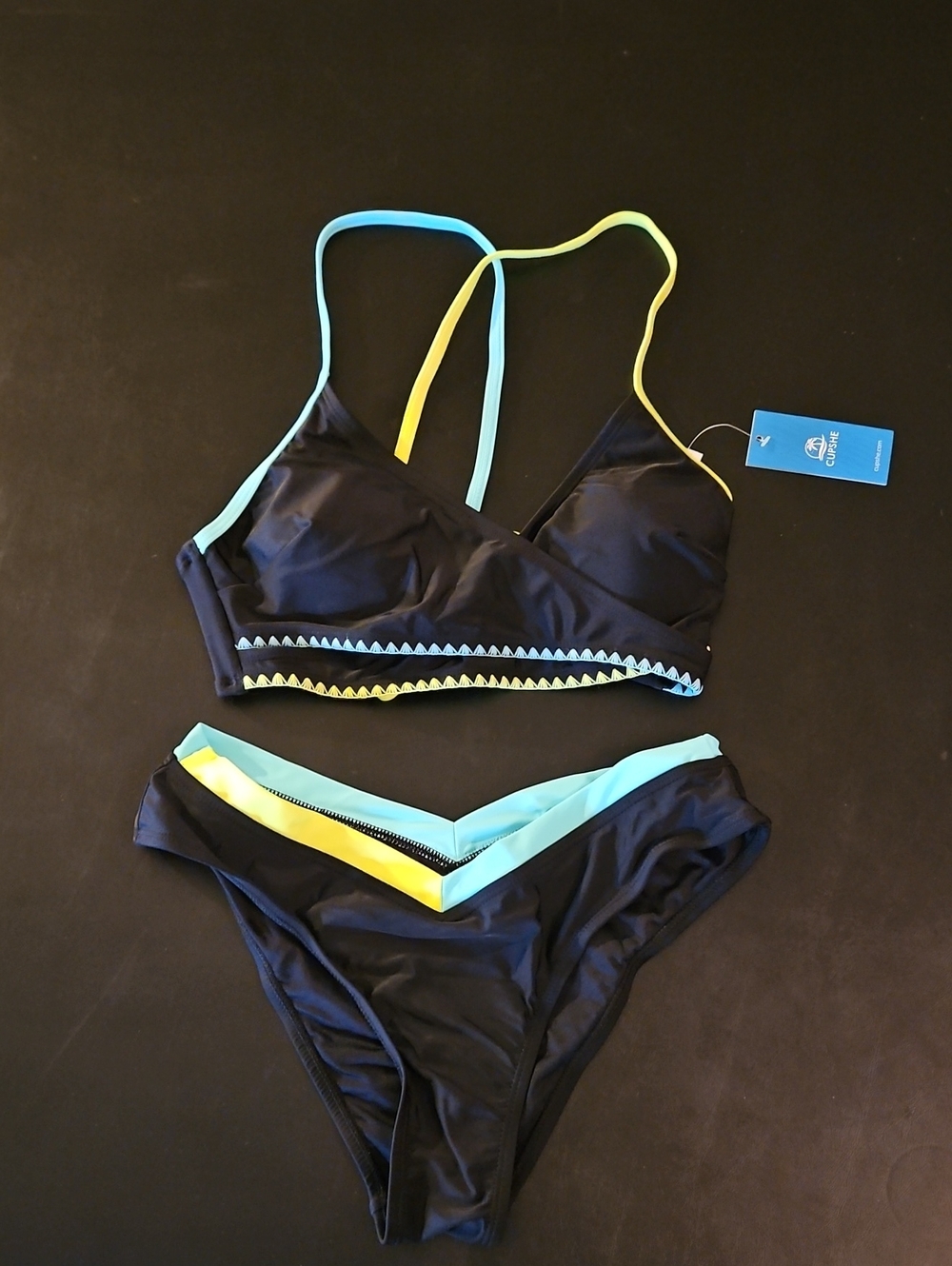 0Cupshe Bkack Bikini with Aqua & Yellow Trim